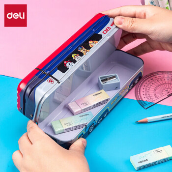 得力(deli)汪汪队救援大巴车文具盒马口铁三层可折叠铅笔盒